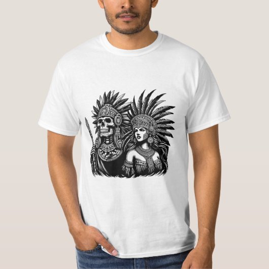 Aztec Skeleton Warrior mit Prinzessin Art T-Shirt (Vorderseite)