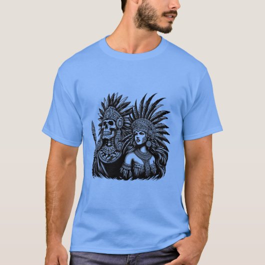 Aztec Skeleton Warrior mit Prinzessin Art T-Shirt (Vorderseite)