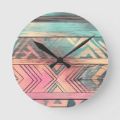 Aztec Southwest Blue and Pink Tribal Runde Wanduhr (Vorderseite)