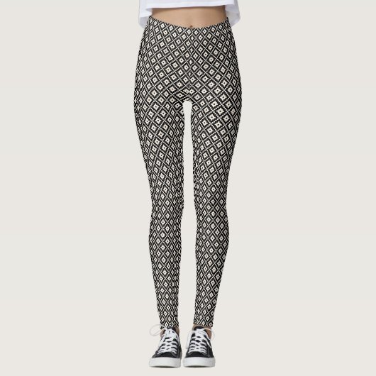 Aztec Style Block Print Black+Cream Sml Muster Leggings (Vorderseite)