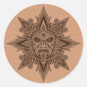 Aztec Sun Mask Brown Runder Aufkleber