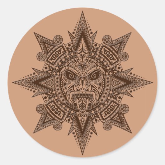 Aztec Sun Mask Brown Runder Aufkleber (Vorderseite)
