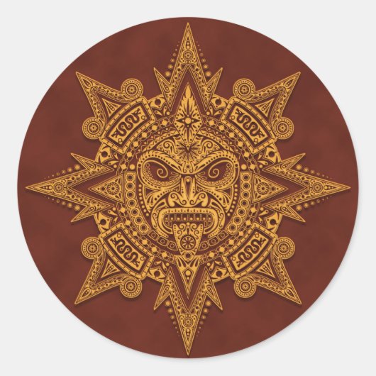 Aztec Sun Mask - Golden Red Runder Aufkleber (Vorderseite)