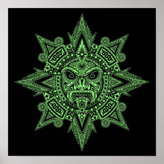 Aztec Sun Mask Green auf schwarz Poster