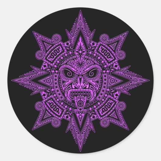 Aztec Sun Mask Lila Runder Aufkleber (Vorderseite)