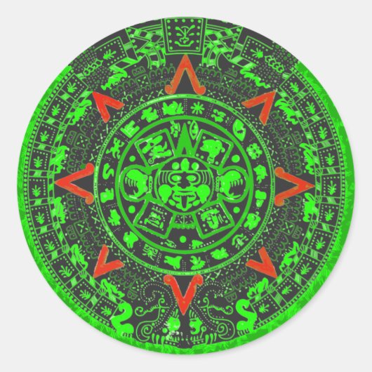 Aztec Sun Stone Green Design Runder Aufkleber (Vorderseite)