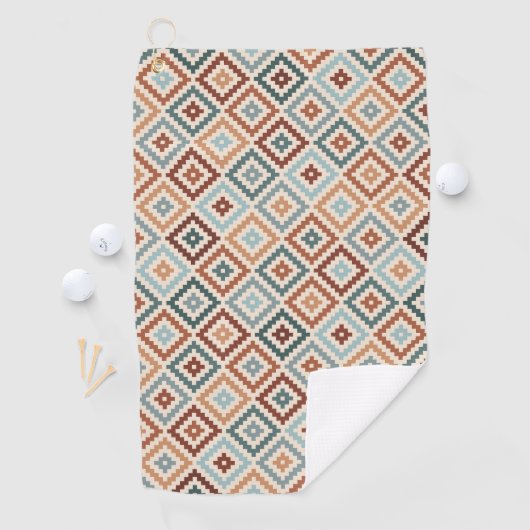 Aztec Symbol Block Big Pattern Teals Rusts Cream Golfhandtuch (Insitu)