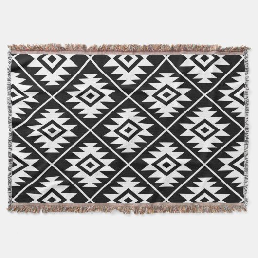 Aztec Symbol Stylisiert Big Ptn White auf schwarz Decke (Vorderseite)