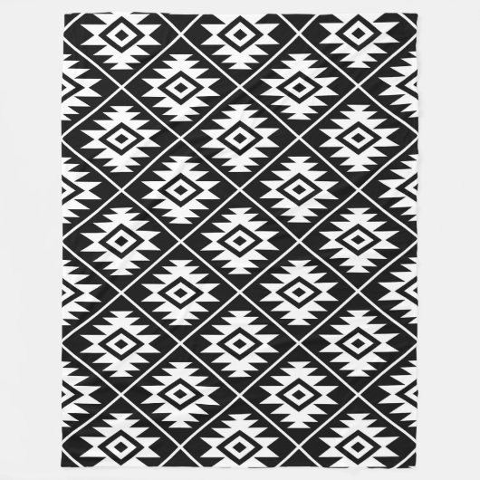Aztec Symbol Stylisierte Muster Weiß auf Schwarz Fleecedecke (Vorderseite)
