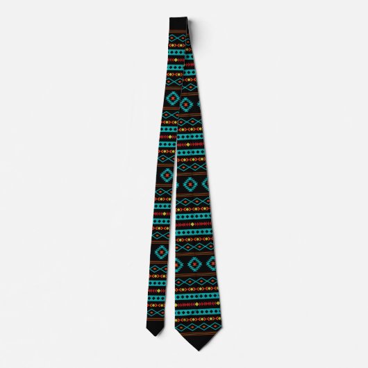 Aztec Teal Reds Yel Blk Mixed Motive Rpt Pattern Krawatte (Rückseite)