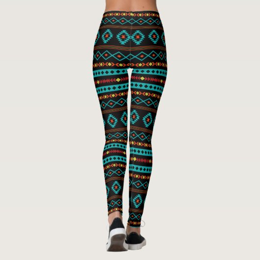 Aztec Teal Reds Yel Blk Mixed Motive Rpt Pattern Leggings (Rückseite)