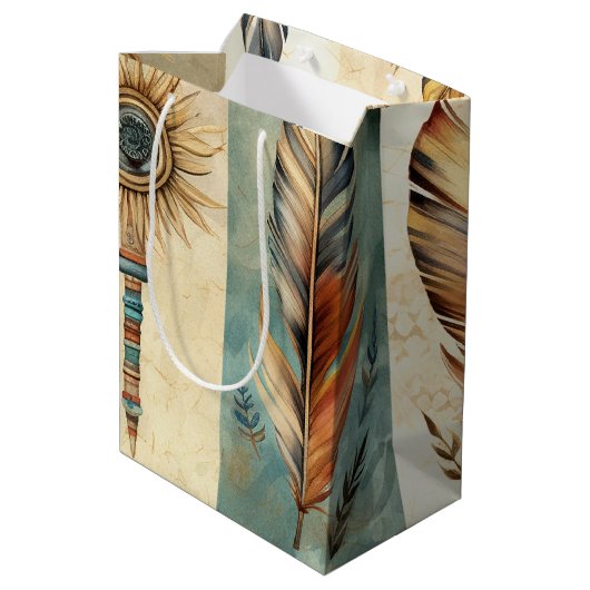 Aztec Tribal Feathers Medicinal Stick Mittlere Geschenktüte (Rückseite Schrägansicht)