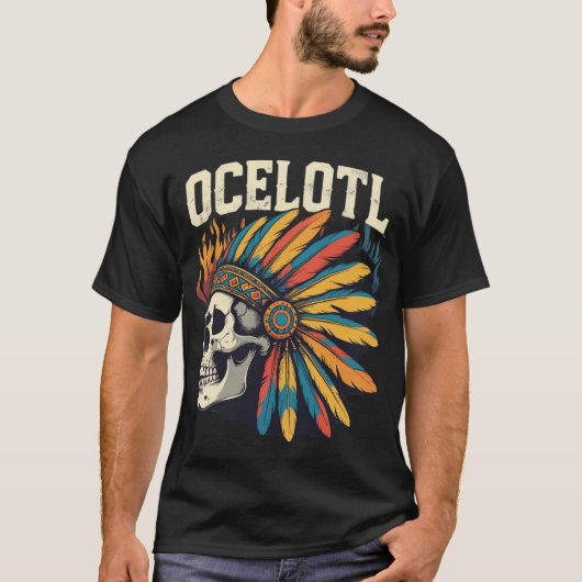 Aztec Warrior Skull mit farbenfrohen Feather Headd T-Shirt (Vorderseite)