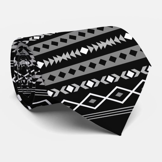 Aztec White Grey Blk Mixed Motifs Muster Neck Tie Krawatte (Gerollt)