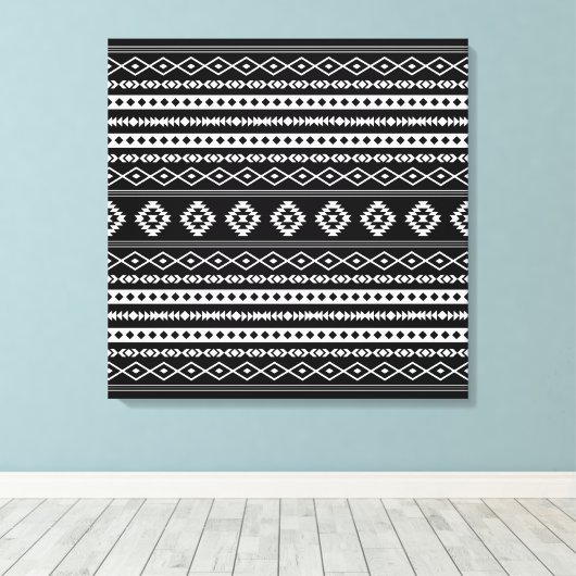Aztec White on Black Mixed Motifs Pattern Leinwanddruck (Insitu (Holzboden))