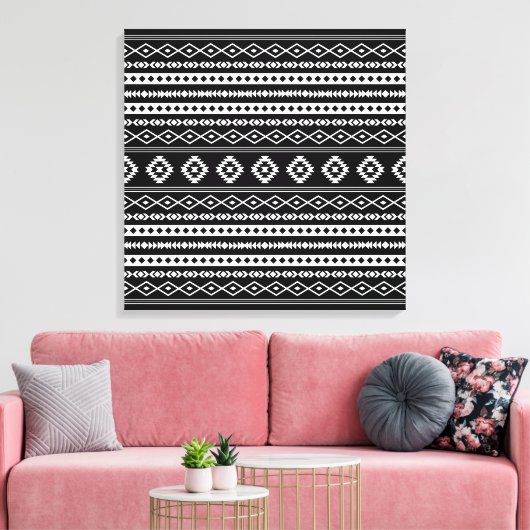 Aztec White on Black Mixed Motifs Pattern Leinwanddruck (Insitu (Wohnzimmer))