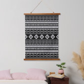 Aztec White on Black Mixed Motifs Pattern Wandteppich Mit Holzrahmen (Schlafzimmer)