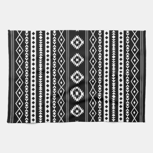 Aztec White on Black Mixed Motifs (V)-Muster Geschirrtuch (Horizontal)