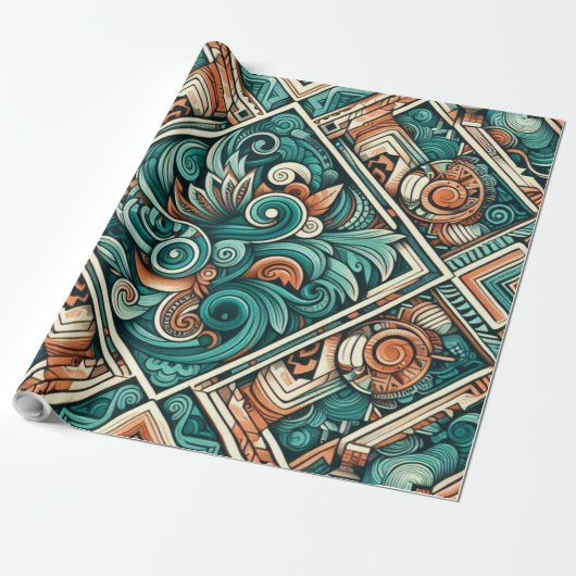 Azteken-Inspiriertes Aquamarines und Terracotta-Mu Geschenkpapier (Ungerollt)