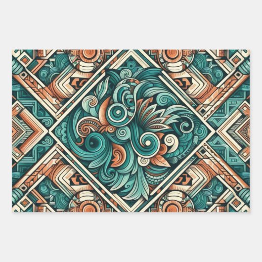 Azteken-Inspiriertes Aquamarines und Terracotta-Mu Geschenkpapier Set (Vorderseite)