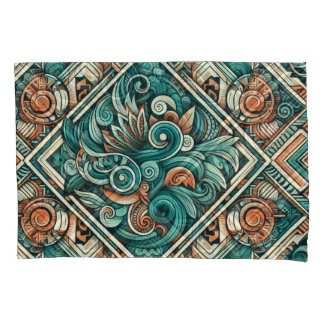 Azteken-Inspiriertes Aquamarines und Terracotta-Mu Kissenbezug