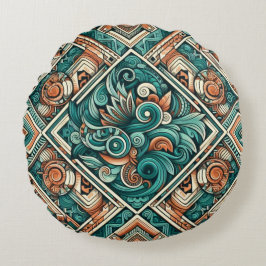 Azteken-Inspiriertes Aquamarines und Terracotta-Mu Rundes Kissen