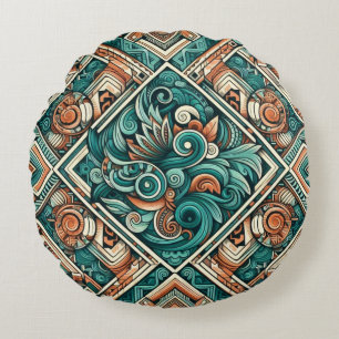 Azteken-Inspiriertes Aquamarines und Terracotta-Mu Rundes Kissen