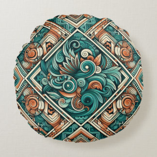 Azteken-Inspiriertes Aquamarines und Terracotta-Mu Rundes Kissen