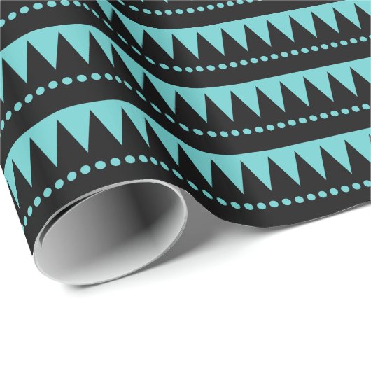 Azteken - Schwarz auf Aqua Blue Geschenkpapier (Rolleneckpunkt)