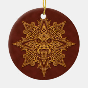 Aztekische Sun-Maske - goldenes Rot Keramikornament