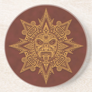 Aztekische Sun-Maske - goldenes Rot Sandstein Untersetzer