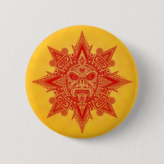 Aztekische Sun-Maske - Rot und Gelb Button (Vorderseite)