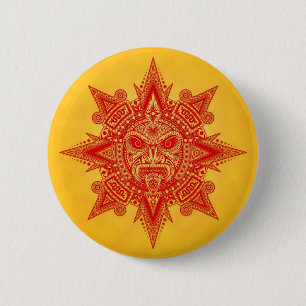 Aztekische Sun-Maske - Rot und Gelb Button