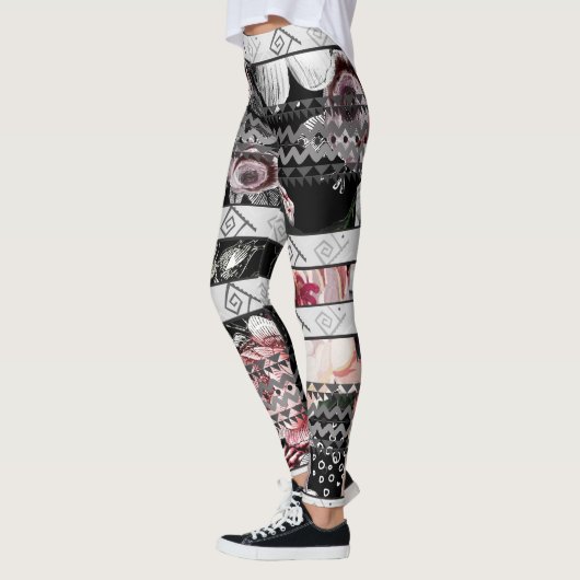 Aztekisches Blumenrosa Lila und schwarzes Rose Mus Leggings (Links)