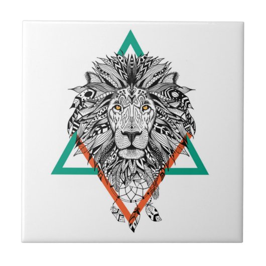 Aztekisches geometrisches Löwe-Porträt Fliese (Vorderseite)