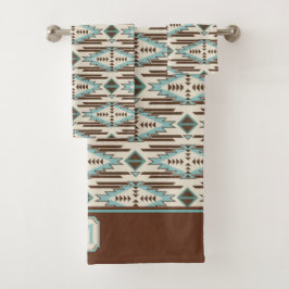 Aztekisches Muster-Monogramm Aqua-Browns Badhandtuch Set