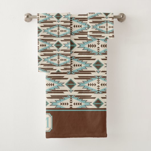 Aztekisches Muster-Monogramm Aqua-Browns Badhandtuch Set (Insitu)