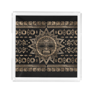 Aztekisches Sonnengott-Gold und Schwarzes Acryl Tablett