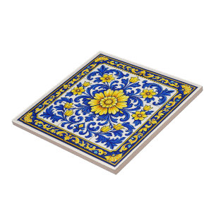 Azul Flor Dourada — Floraler Azulejo Fliese