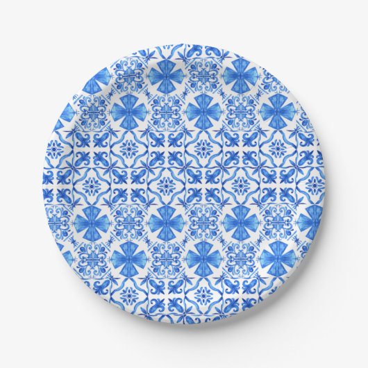 Azulejo Blue & White Mediterranean Tiles Pattern Pappteller (Vorderseite)