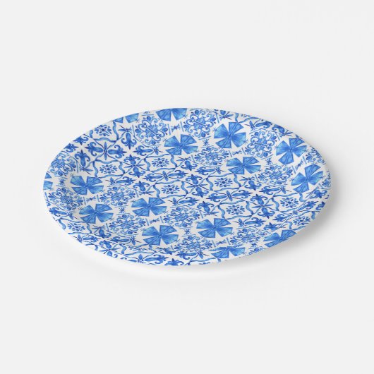 Azulejo Blue & White Mediterranean Tiles Pattern Pappteller (Schrägansicht)