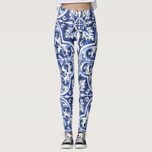 Azulejo Dolce Tile Pattern Leggings Blue Keramik (Vorderseite)