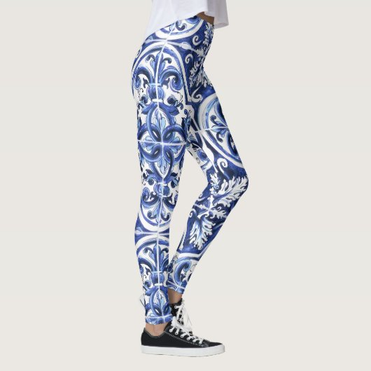 Azulejo Dolce Tile Pattern Leggings Blue Keramik (Rechts)