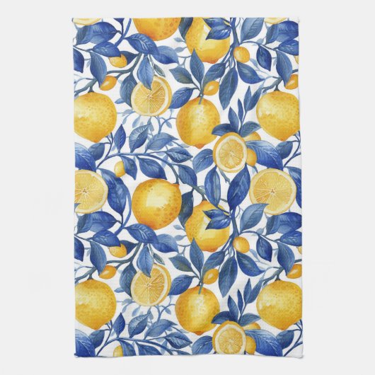Azulejo Lemons Blue Blätter #1 Geschirrtuch (Vertikal)