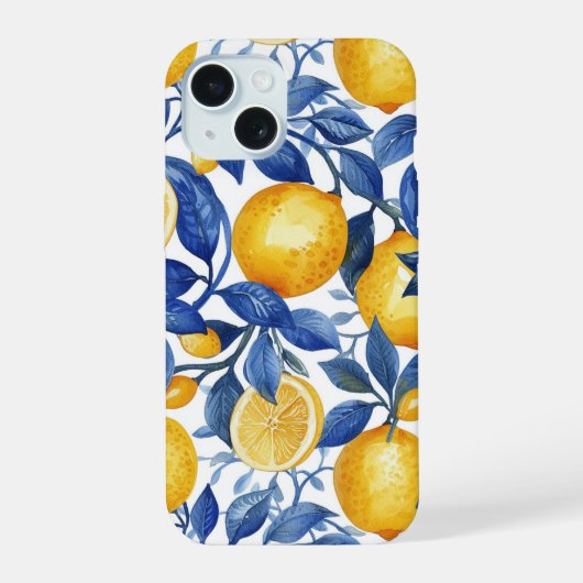 Azulejo Lemons Blue Blätter iPhone 15 Hülle (Rückseite)