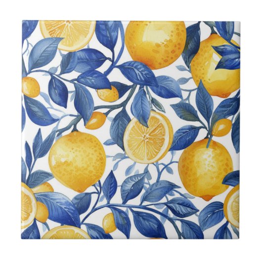 Azulejo Lemons Blue Blätter Pattern Fliese (Vorderseite)