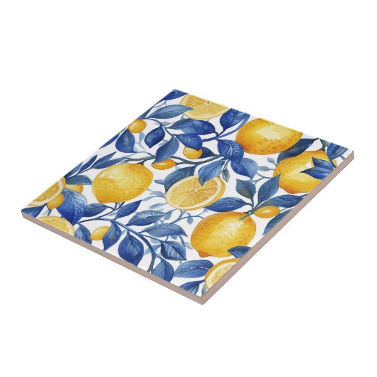 Azulejo Lemons Blue Blätter Pattern Fliese (Seite)