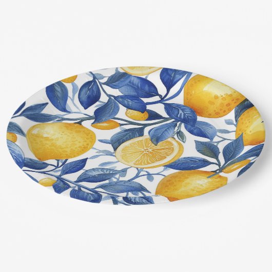 Azulejo Lemons Blue Blätter Pattern Pappteller (Schrägansicht)