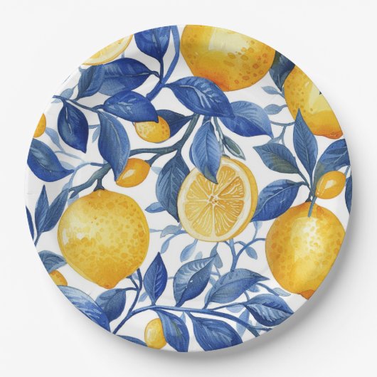 Azulejo Lemons Blue Blätter Pattern Pappteller (Vorderseite)