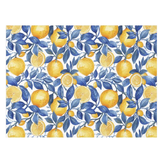 Azulejo Lemons Blue Blätter Tischdecke (Vorderseite (Horizontal))
